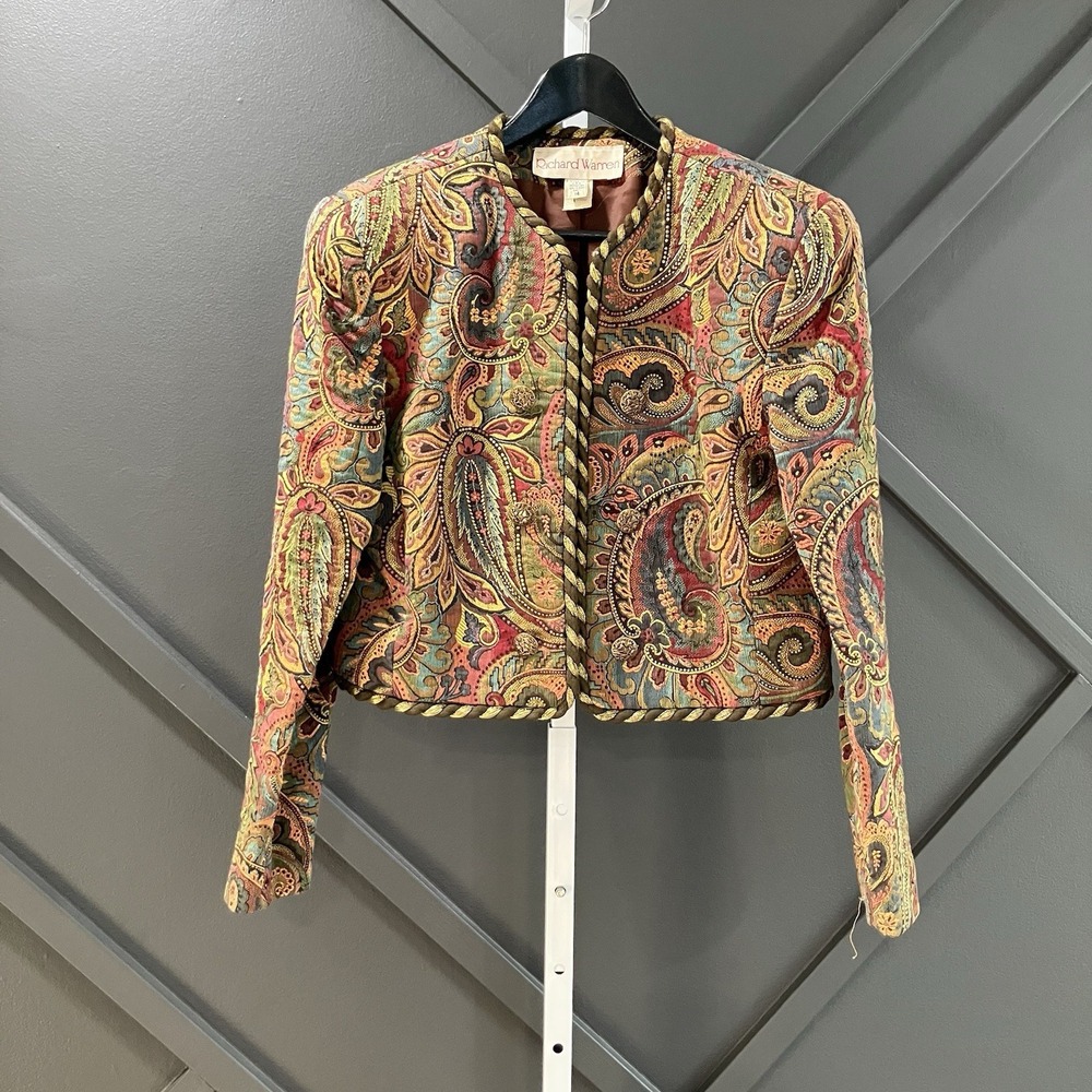 Richard Warren Jacket Womens 14 Paisley Tapestry Crop Open Front USA Vintage